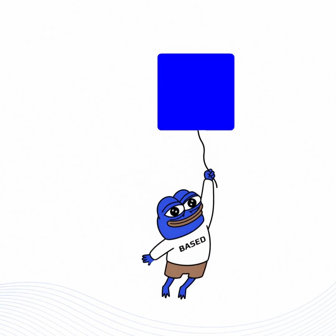 The image features a cartoon frog wearing a white shirt with "Based" written on it, holding a blue square balloon that says "Based" as well. The frog appears to be floating in the air while holding onto the balloon. The background of the image is white, and there are some lines drawn around the edges of the image.