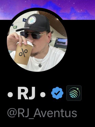 Social media profile card for '@RJ_Aventus' showing a circular avatar of a man in sunglasses drinking from a coffee cup, with verified badges below.