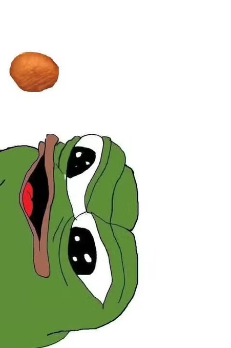 A cartoon illustration of the Pepe the Frog character looks up with wide eyes at a fried chicken nugget floating above him.