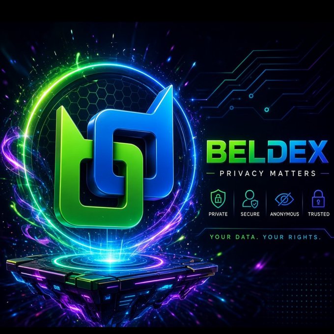 A vibrant promotional graphic for 'BELDEX' featuring a stylized green and blue logo on a neon-lit platform, with the slogans 'PRIVACY MATTERS' and 'YOUR DATA. YOUR RIGHTS.'