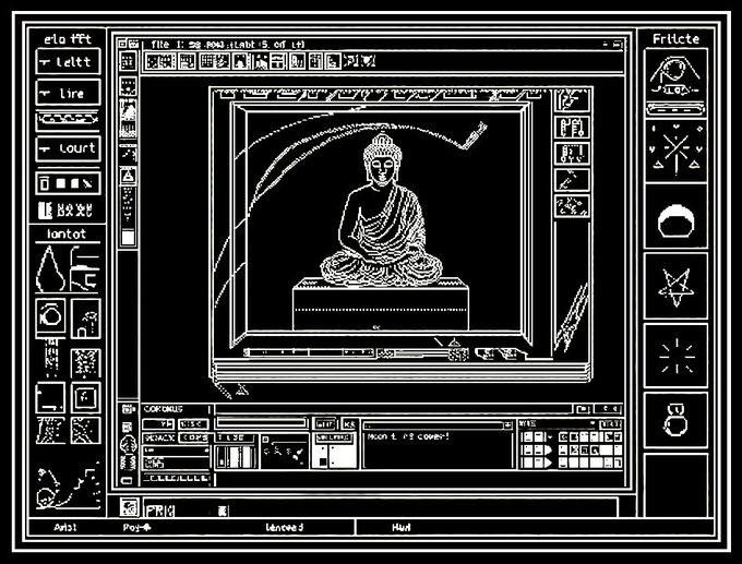 A stylized, black-and-white pixel-art or glitch-art depiction of a retro computer interface displaying a seated Buddha statue in the center window, with various illegible toolbars and icons.