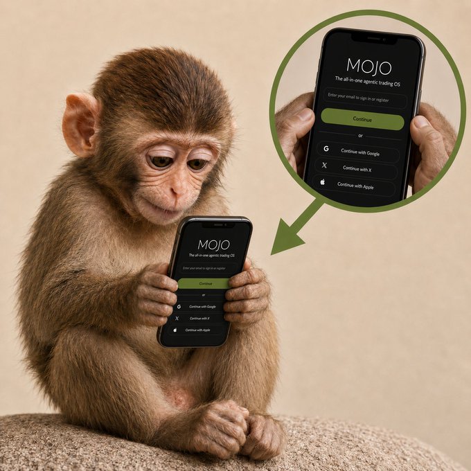 A small monkey sits on a rock intently holding a smartphone displaying the "MOJO - The all-in-one agentic trading OS" login screen, with a zoomed-in inset circle highlighting the app's interface featuring email sign-in options and "Continue with Google/X/Apple" buttons. The image playfully illustrates the post's message about mobile trading with Mojo.