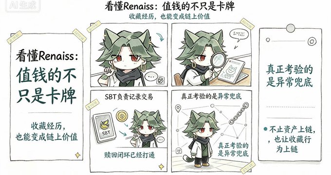 A promotional comic-style graphic featuring a green-haired character alongside Chinese text, with key phrases including "看懂Renaiss：值钱的不是卡牌" (Understanding Renaiss: The valuable thing isn't the cards), "收藏经历，也能变成链上价值" (Collecting experiences can also become on-chain value), "SBT负责记录交易" (SBT records transactions), "赎回闭环已经打通" (Redemption loop is complete), and "真正考验的是异常兜底" (The real test is abnormal coverage). The illustration visually reinforces the accompanying post's message about Renaiss platform airdropping SBT badges to Emerald holders, emphasizing that collectible value extends beyond the cards to on-chain asset backing.