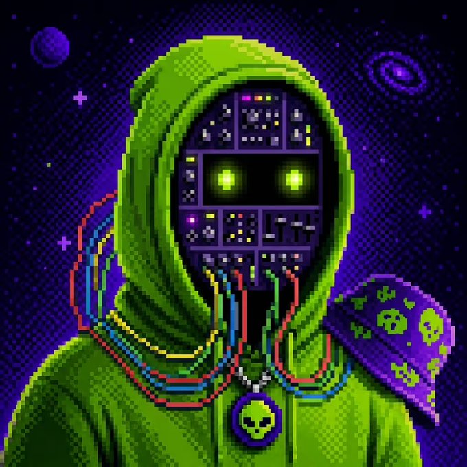 A pixel-art portrait of a figure in a green hooded cloak with a robotic or cyborg face featuring glowing green eyes, wires, and a skull pendant, set against a starry purple cosmic background.