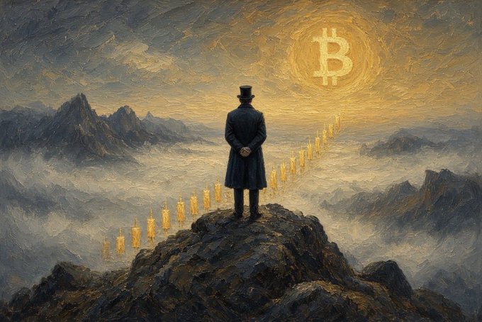 A painting in the style of Caspar David Friedrich depicts a man in a top hat and coat standing on a rocky peak looking toward a glowing Bitcoin (₿) symbol in the sky, with a procession of small figures crossing a distant ridge.