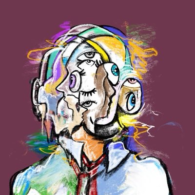 A colorful, abstract digital portrait of a fragmented face with multiple eyes and vibrant streaks of color radiating outward against a dark maroon background.