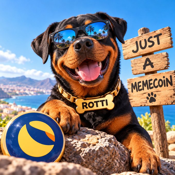 A Rottweiler wearing sunglasses and a gold 'ROTTI' name tag sits on rocks by the ocean, next to a wooden sign reading 'JUST A MEMECOIN' and a PAC-MAN style yellow and blue coin.