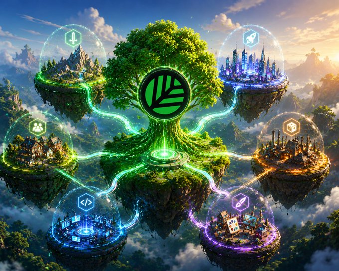 A vibrant fantasy digital artwork featuring a central glowing green tree on a floating island, surrounded by six other floating islands each contained within a transparent dome representing different ecosystems/themes, all connected by glowing energy streams.