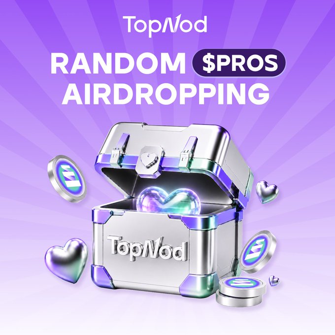 The image features an open silver treasure chest filled with purple hearts, surrounded by blue hearts. The text "Random $PROS airdropping" is written above the chest, indicating that a random $PROS stimulus has been airdropped to some of the wallets hit the hardest in the post.