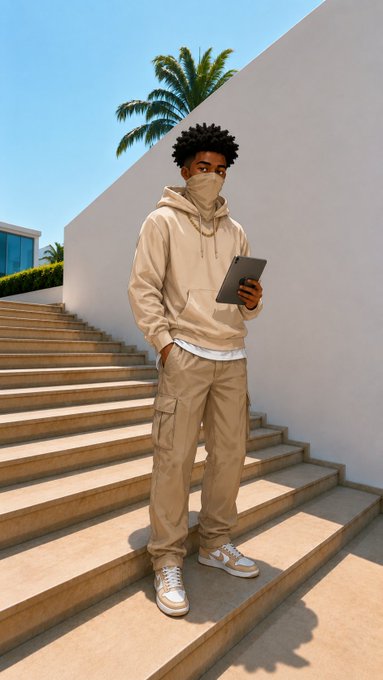 The image features a man wearing a beige hoodie, khaki pants, and white sneakers standing on some stairs with his hands in his pockets while looking at something off-camera. The photo has been captioned "good morning famz @NomismaNetwork is focused on making on-chain interactions feel effortless through AI-ready infrastructure and user-first design while $RIVER is tackling a different challenge: making liquidity move where it's needed instead of leaving it fragmented across".