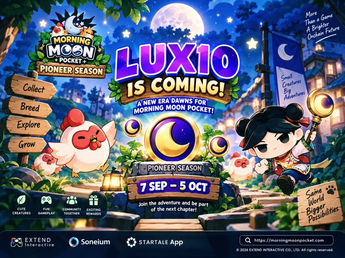Promotional artwork for 'MORNING MOON POCKET PIONEER SEASON' announces 'LUXIO IS COMING!' from 7 SEP – 5 OCT, featuring a chibi character with a staff, a white chicken, and gameplay tags like Collect, Breed, and Explore.