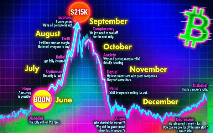 The image displays a Bitcoin chart illustrating an emotional cycle through various stages, starting with Disbelief in June, moving through Hope, Optimism in July, Thrill in August, Euphoria at $215K in September, then declining through Complacency, Anxiety, Denial, Panic, Anger, and Depression by December. The accompanying post highlights the "BOOM" phase in June, expressing optimism that Bitcoin's rally is just beginning and will peak in September.