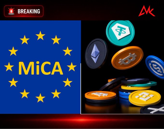 A "BREAKING" news graphic features the European Union flag overlaid with the text "MiCA" on the left, alongside various physical cryptocurrency coins (including Tether, Ethereum, and Bitcoin) on the right, visually representing the significant regulatory shakeup of crypto firms across Europe under the new MiCA framework.