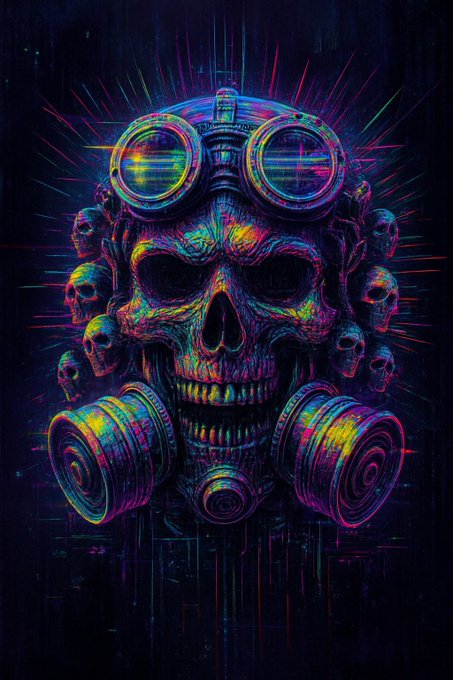 A colorful, stylized digital artwork of a human skull wearing a gas mask and surrounded by smaller skulls, set against a dark, radiating background.