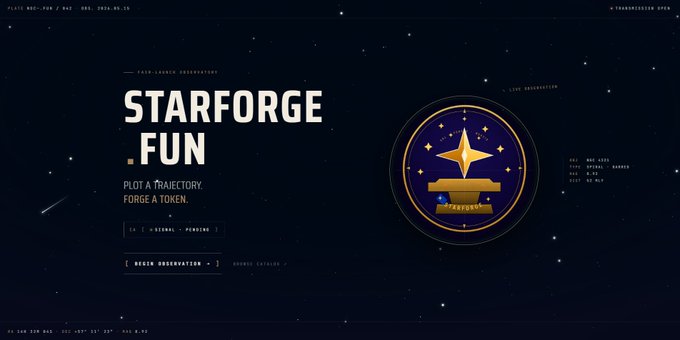 The image shows a large, circular logo with stars and a gold emblem at its center. The text "starforge fun" is written above the logo, indicating that there's an event or activity related to star forge happening soon. Below the logo, there are several lines of text providing details about the event, including the name "starforge", the date it will take place (which appears to be in the future), and a description of what attendees can expect at this event. The image also contains some stars scattered throughout, which could represent stars within a virtual space or simply serve as decoration for the event's logo.