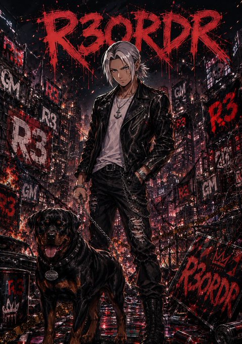 A silver-haired anime-style figure in a black leather jacket stands alongside a Rottweiler in a neon-lit, gritty urban setting covered in graffiti reading "R3ORDR," "GM," and "LEGEND." The edgy artwork visually reinforces the post's celebration of the R3ORDR NFT project hitting 400 ETH in trading volume, projecting a bold, rebellious street-art aesthetic that matches its community-driven ethos.