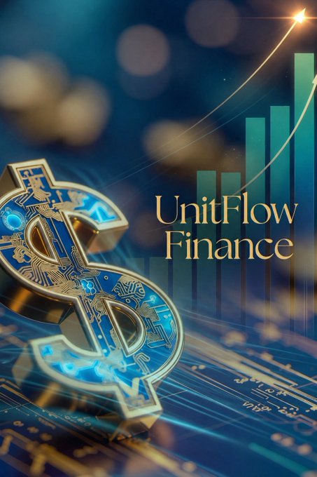 A financial-themed graphic featuring a large 3D Bitcoin symbol with gold and blue metallic details, alongside rising green bar charts and an upward arrow, with the text 'UnitFlow Finance' displayed prominently.