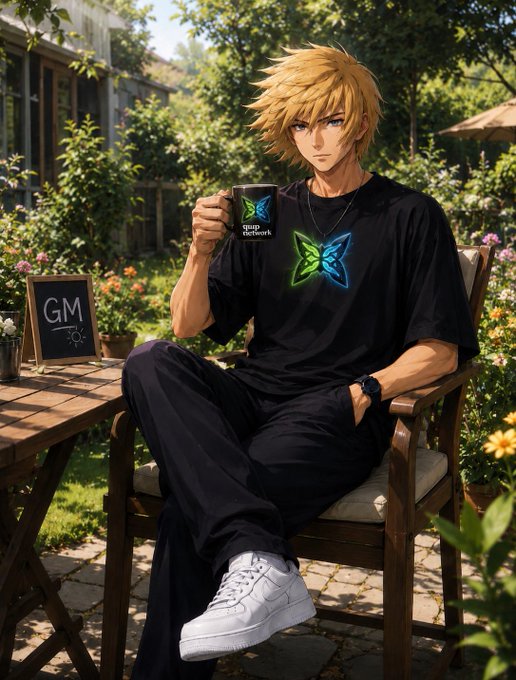 An anime-style illustration of a blonde-haired young man wearing a black t-shirt with a blue butterfly design, sitting in a wooden chair holding a matching mug in a sunlit garden setting.