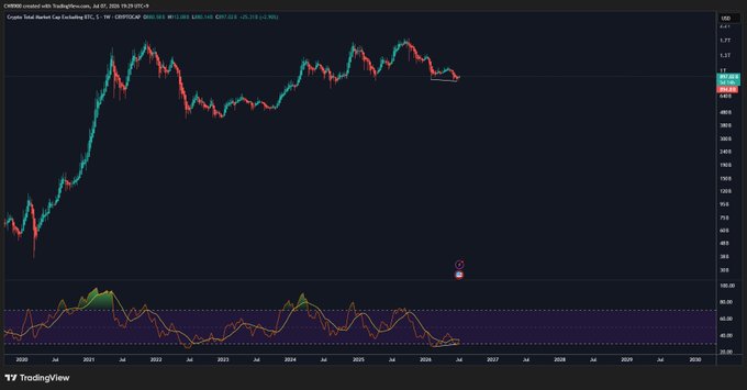 A TradingView weekly chart of the Crypto Total Market Cap Excluding BTC ($OTHERS) shows a bullish divergence forming, where price has made a lower low on the recent swing while the RSI indicator at the bottom has printed a higher low, signaling potential upward momentum despite the declining price action.