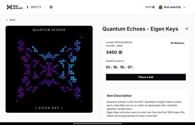 An Equi Network / Quests auction page for "Quantum Echoes - Eigen Keys," a generative on-chain art NFT collection, showing a lowest bid of 3,450 and ending in 1 day, 18 hours.