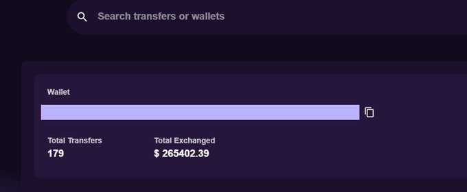 A dark-themed cryptocurrency dashboard displaying a search bar for transfers/wallets, with 179 total transfers and $2,654,02.39 total exchanged.