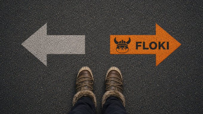 A person stands at a crossroads on asphalt, with a white arrow pointing left and an orange arrow pointing right that displays the "FLOKI" logo with a Viking helmet, symbolizing the choice to follow the Viking-themed cryptocurrency path.