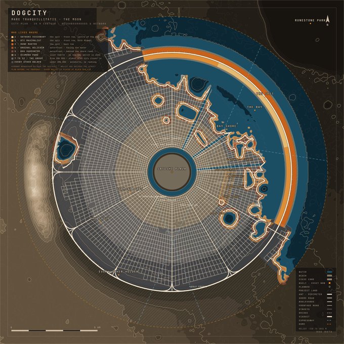 The image shows "DOGCITY" map of "The Moon" featuring a circular city layout with a central "Authorized Zone," labeled districts like "Bay Shore" and "The Bay," along with a "Lakeshore" and "Rebel Stronghold," alongside a legend detailing block uses from "Animal Allegiance" to "Green House Gallery," reflecting the upcoming Bitcoin block 966,670 snapshot that will determine residents' locations based on their self-custody $DOG holdings.