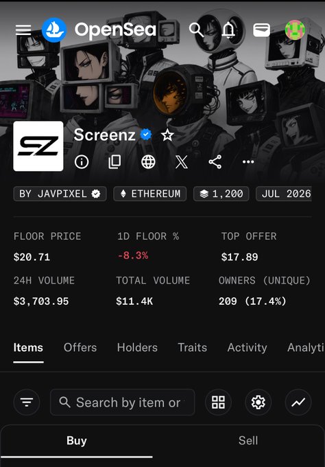 The image shows an OpenSea NFT collection page for "Screenz" by JAVPIXEL on Ethereum, featuring anime-style astronaut avatars with stats like a $20.71 floor price (down 8.3%), 1,200 supply, and 209 unique owners. This NFT collection page relates to the poster's mention of learning the "NFT game," as they're actively collecting from this anime-themed project with a relatively small community size.