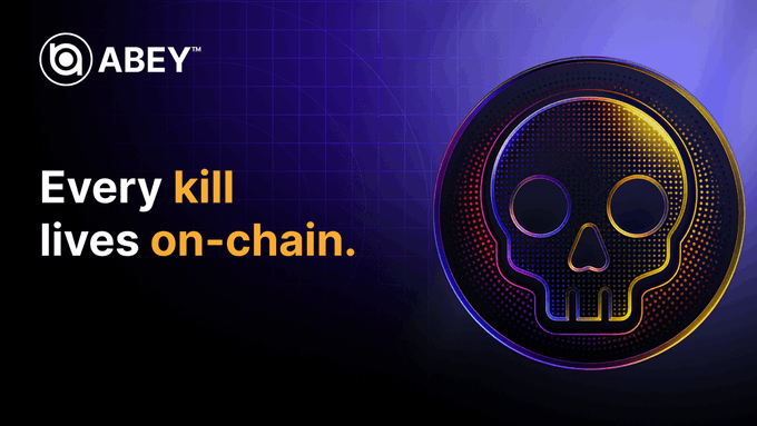 Crypto promotional banner for 'ABEY' with a skull coin graphic and the tagline 'Every kill lives on-chain.'
