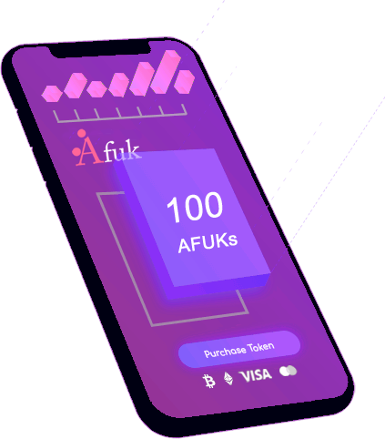 The image features a purple smartphone with an overlay displaying a graph, presumably from a website, that says "AFUK" at the top. Below this text, there are two lines of text indicating it's purchasing tokens for Bitcoin or Ethereum - Bitcoin: $0.41,ETH: 0.76. The phone is tilted slightly towards the right side of the screen and has a black border around its edges.