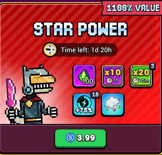 A mobile game 'Star Power' offer screen showing a pixelated warrior character with a sword, offering 1100% value items for $3.99 with 1 day 20 hours remaining.