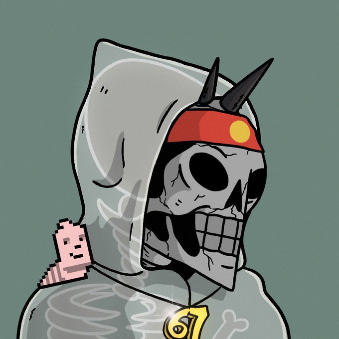 A hooded skeletal figure with spiked horns and a red headband displays a small pixel-art "B" on its shoulder, while the post's urgency about a 30-minute countdown to the public mint suggests this grim reaper character is being used as promotional artwork for an upcoming NFT or crypto drop.