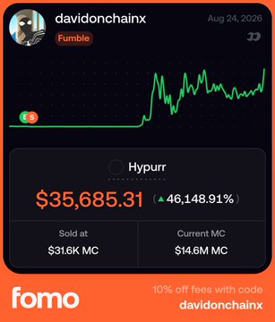 A Fomo app screenshot shows a user named "davidonchainx" profiting $35,685.31 (a 46,148.91% gain) on the token "Hypurr," which was sold at a $31.6K market cap but now sits at a $14.6M market cap, illustrating the poster's regret about selling too early.