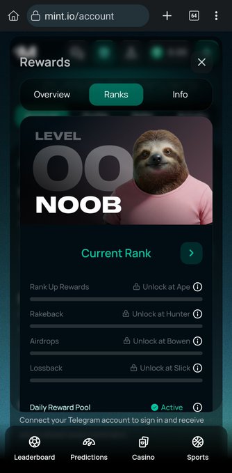 A mobile screenshot of mint.io/account shows a Rewards page with 'NOOB' rank at Level 00, featuring a sloth avatar in a pink shirt and listing locked rewards including Rakeback, Airdrops, and Lossback.
