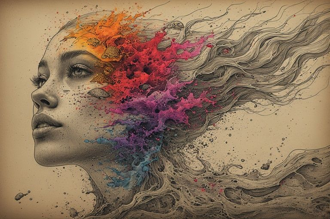 A detailed pencil-style illustration shows a woman's serene profile with vibrant splashes of red, pink, orange, purple, and blue colors bursting from her head, swirling dramatically across the composition. This matches the post announcing a new acquisition of "Beyond the Boundaries," a piece from @sorinartgallery, where the woman's contemplative face emerges from a striking explosion of colors—capturing the artwork's theme of transcending limits through creative expression.