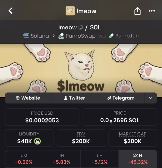 Screenshot of the $lmeow/SOL token page on Solana via PumpSwap and Pump.fun, showing a price of $0.0002053, FDV and market cap of $200K, liquidity of $48K, and a 24H drop of -45.32%. The image reflects the referenced post promoting the $lmeow meme coin and encouraging others to send or buy it.