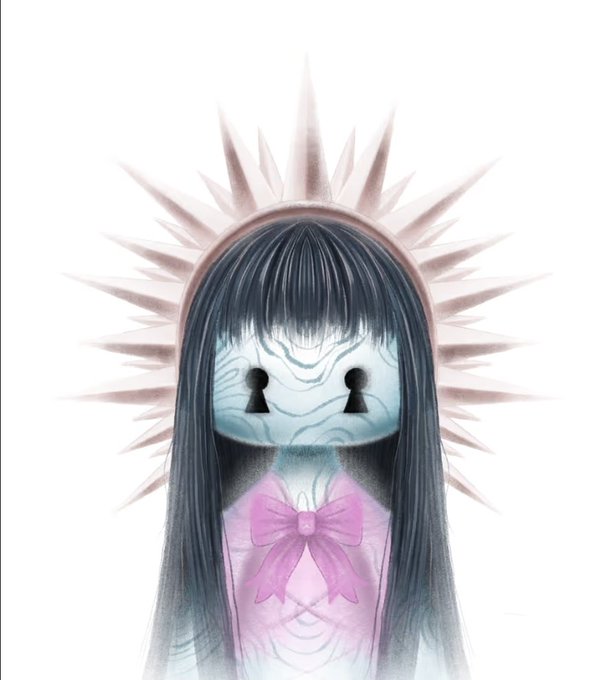 A creepy, pale doll-like figure with long black hair, keyhole-shaped eyes, and a pink bow on its chest is framed by a spiked, halo-like crown on its head.