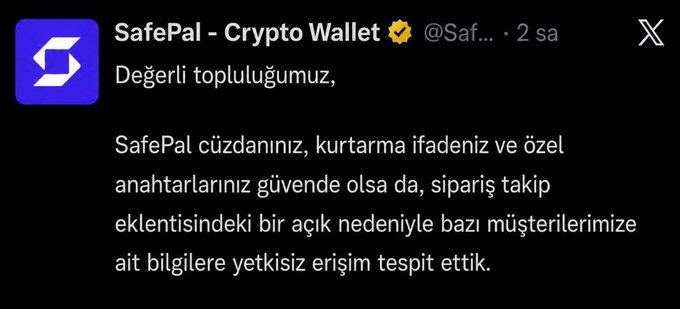 The image is a tweet from SafePal - Crypto Wallet (@Safepal) announcing they detected unauthorized access to some customer data through a vulnerability in their order tracking plugin, despite wallets, recovery phrases, and private keys remaining secure. The tweet relates to the post's theme of institutional control over crypto, as it highlights a real-world example of security risks users face even with established wallet providers—reinforcing arguments for decentralized Bitcoin self-custody rather than reliance on intermediaries like ETFs or exchanges.