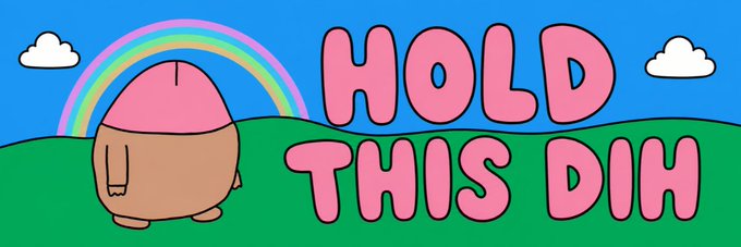 A colorful banner illustration features a round cartoon character with a pink dome top standing on green grass under a rainbow, alongside the bold text "HOLD THIS DIH" to promote the Robinhood token $DIH on Moby.