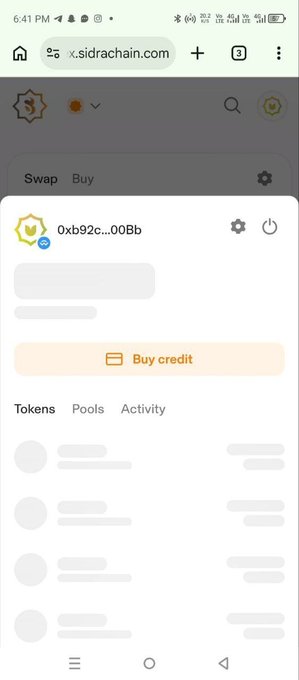 A mobile screenshot of the x.sidrachain.com cryptocurrency wallet interface showing a Swap/Buy screen with a wallet address starting with 0xb92c...00Bb and a 'Buy credit' button.