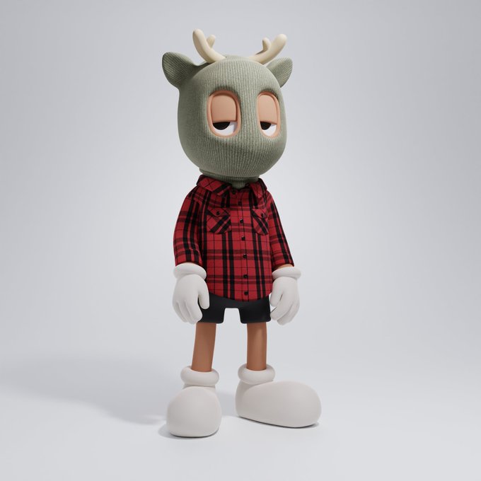 A 3D-rendered cartoon figure with antlers, droopy eyes, and a red plaid shirt stands against a plain background, matching the description of the "Tan Human" Beast #7326 NFT that sold for 0.097 ETH.