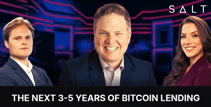 A promotional graphic for SALT featuring three people against a red and blue digital background with the text 'THE NEXT 3-5 YEARS OF BITCOIN LENDING' at the bottom.