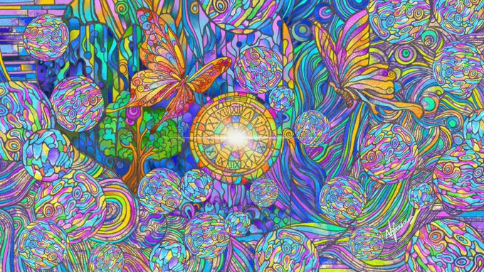 The image features a large, colorful abstract painting with various elements such as butterflies, trees, flowers, and other objects scattered throughout the scene. The artwork appears to be a digital piece that has been edited or curated by @Boundless8D. The colors used in the painting are vibrant and eye-catching, adding depth and dimension to the overall composition. The post also includes a caption that reads "GM! #ELSEWHERE Organized by @CinziaGabrielPH - @LibertyVisions - @Stunnifer & @Solarchi" which provides additional context about the artwork's creator or inspiration behind it.