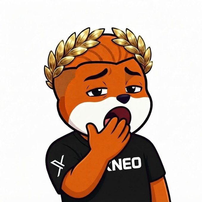 A cartoon fox wearing a gold laurel crown yawns sleepily, with "NEO" printed on its black shirt. The image complements the "GN Good Night!" post by depicting a tired, drowsy character ready for sleep, making it a fitting visual for bidding someone goodnight.