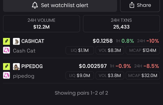 A cryptocurrency trading interface showing pairs CASHCAT ($0.1258) and PIPEDOG ($0.002597) with 24H VOLUME of $12.2M and 25,433 transactions.