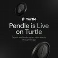 The image features a black background with two circles of different sizes, one larger circle and one smaller one. The text "Pendle is live on Turtle" is written above the circles, and there are also some words related to the post that say "Dive into my friend's opportunities through the app".