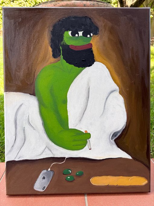 A whimsical oil-on-canvas painting depicting a green-skinned, bearded figure in a white toga-like robe smoking a cigarette, surrounded by a phone, green pills, and what appears to be a baguette on a table—presented as a 50x40 cm artwork available for 1 ETH via bicasso.xyz.