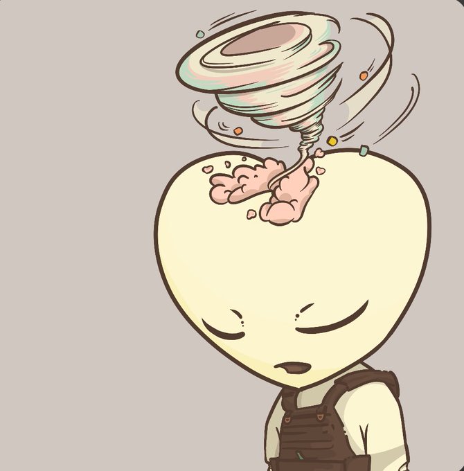 A cartoon illustration of a sad, closed-eyed figure in overalls with a colorful tornado and pink clouds swirling above their exposed brain.