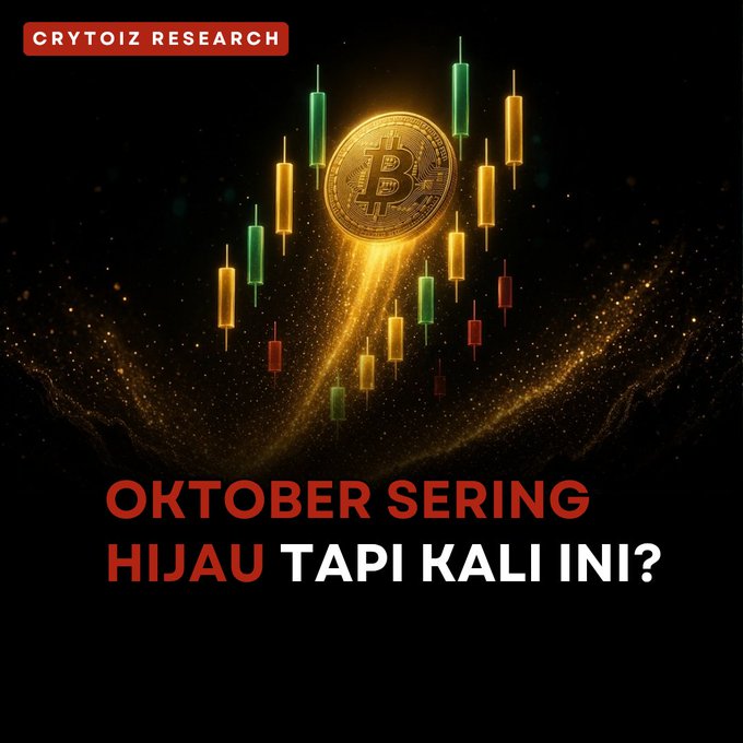 A promotional graphic from 'CRYPTOIZ RESEARCH' featuring a Bitcoin coin with candlestick charts and text reading 'OKTOBER SERING HIJAU TAPI KALI INI?'.