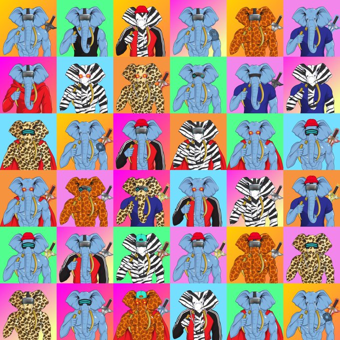 A repeating 6x6 grid features anthropomorphic elephants styled as hip-hop DJs wearing virtual reality headsets and gold chains, with their elephant heads and bodies patterned in various designs like blue skin, giraffe print, and zebra stripes, all against vibrant gradient backgrounds. The image ties to the post by showcasing artwork from the "Cry ElePants Collection" (CEN NFTs) being celebrated for their new availability on the ForumOne.io Marketplace through PawPular.